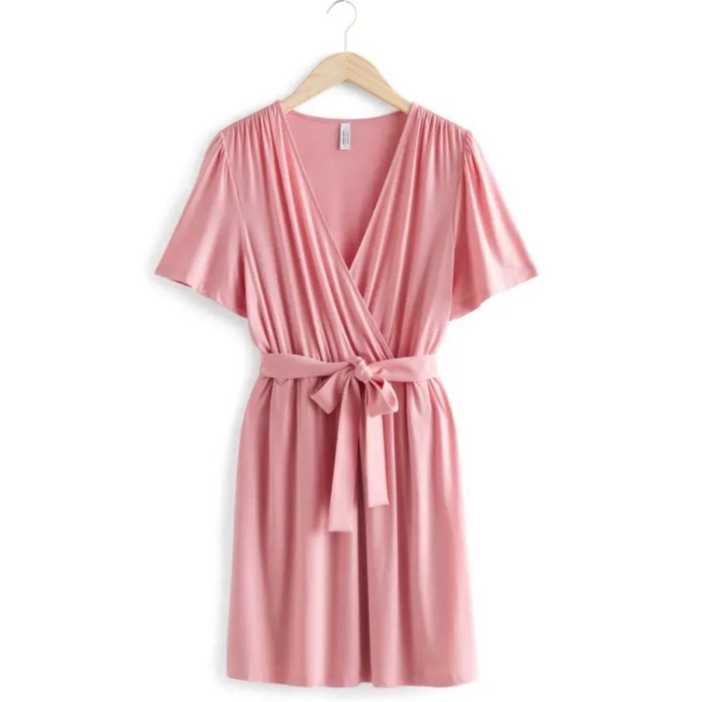 & Other Stories Pink Wrap Dress with Waist Tie